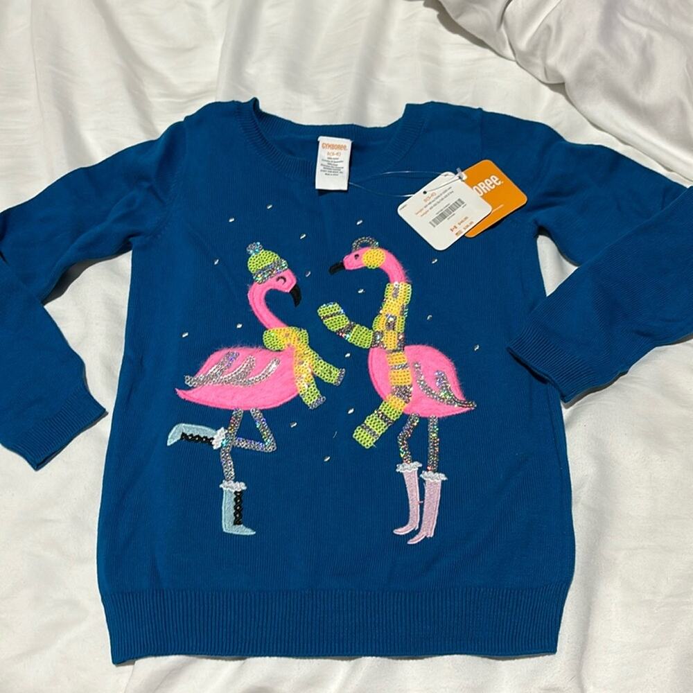 Gymboree S blue long sleeve sweather flamingo details bling sequined nwt perfect